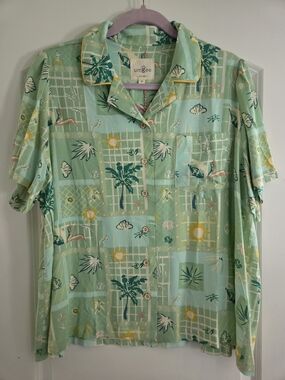 Umgee Mint Green Tropical Print Short-Sleeve Button Shirt